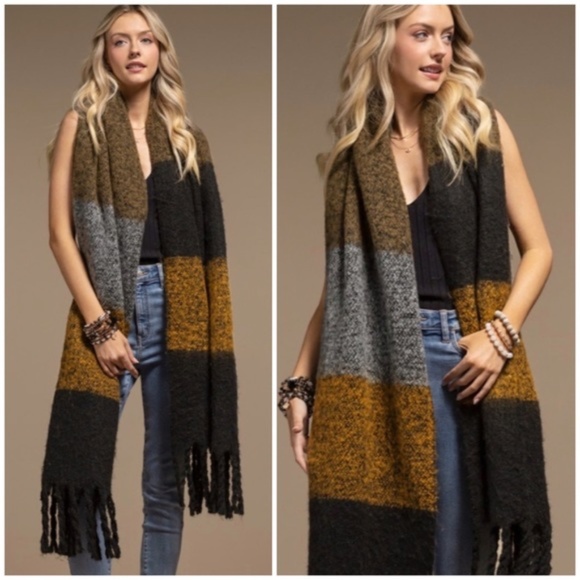 Accessories - SOLD OUT Black Multi Plush Wide Stripe Oblong Scarf Winter Women's Casual Knit